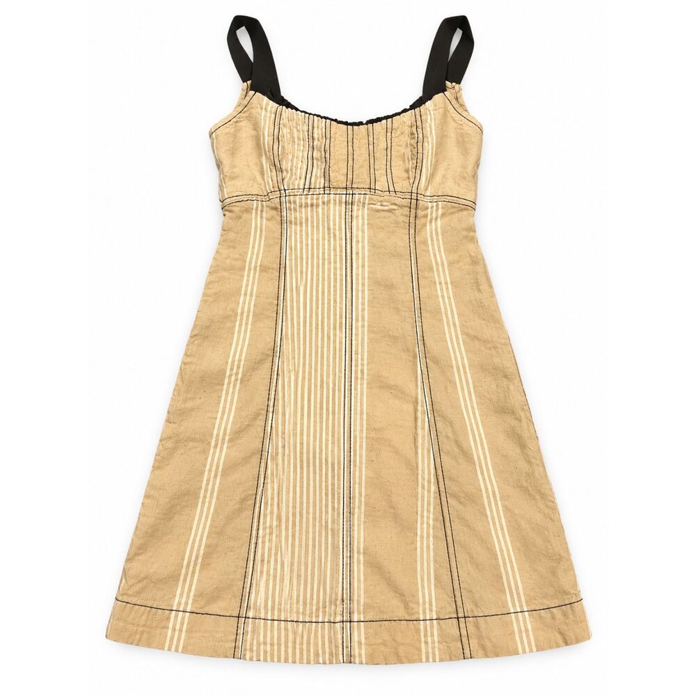 Free People Sailor Mini Dress XS Tan Cream Striped Cotton Black Tie Back Boho